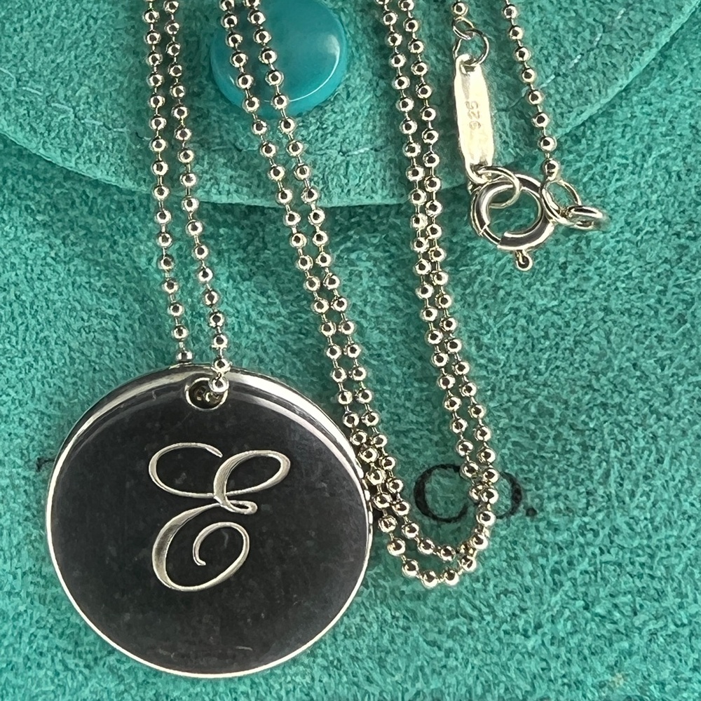 Tiffany & Co 18" Letter E Initial Lg Disc Pendant Beaded Silver Necklace